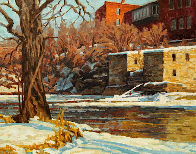Snowy scene of tail pool below Middlebury Falls